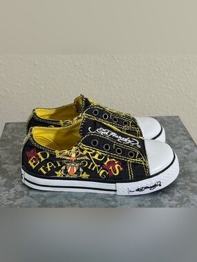 Ed Hardy Kids Black and Yellow Tattoo Graphic Slip-On Sneakers, Toddler Size 8
